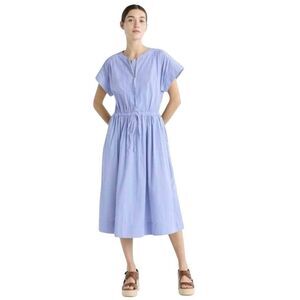 Free Assembly Women's Blue & White Striped Cotton Midi Shirtdress with Drawstrin